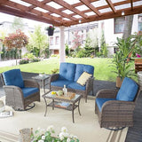 Patio Wicker Chairs Swivel Rocker – Outdoor Swivel Rocking Chairs Set of 2 with Rattan Side Table, Patio Swivel Glider Chair 3 Piece Patio Furniture Sets for Deck Porch Pool Brown/Blue