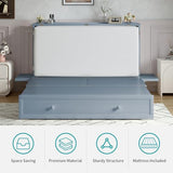 BALUS Murphy Bed Cabinet,Queen Murphy Bed with Tri-fold Mattress & USB Charging Station,Modern Wall Chest Beds with Folding Night Stand Trays and Storage Drawers for Bedroom Living Room,Grey-Blue