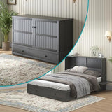 BALUS Murphy Bed Cabinet,Queen Murphy Bed with Tri-fold Mattress & USB Charging Station,Modern Wall Chest Beds with Folding Night Stand Trays and Storage Drawers for Bedroom Living Room,Grey-Blue
