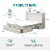 BALUS Murphy Bed Cabinet,Queen Murphy Bed with Tri-fold Mattress & USB Charging Station,Modern Wall Chest Beds with Folding Night Stand Trays and Storage Drawers for Bedroom Living Room,Grey-Blue